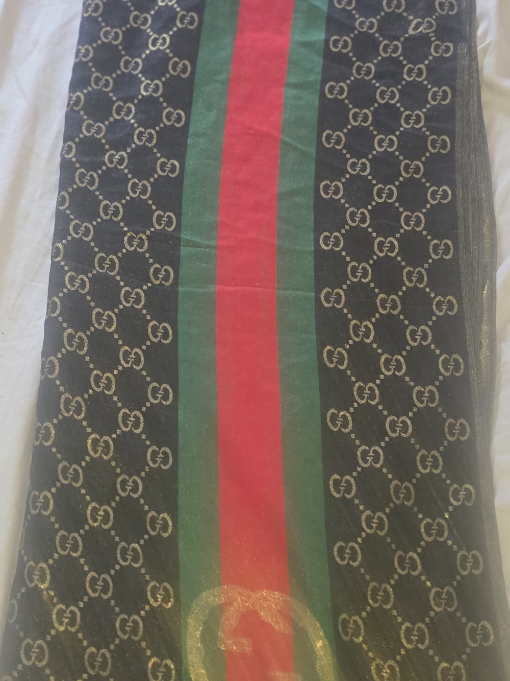 Preloved Luxury Monogram Scarf with Red and Green Stripe - Picture 5 of 5